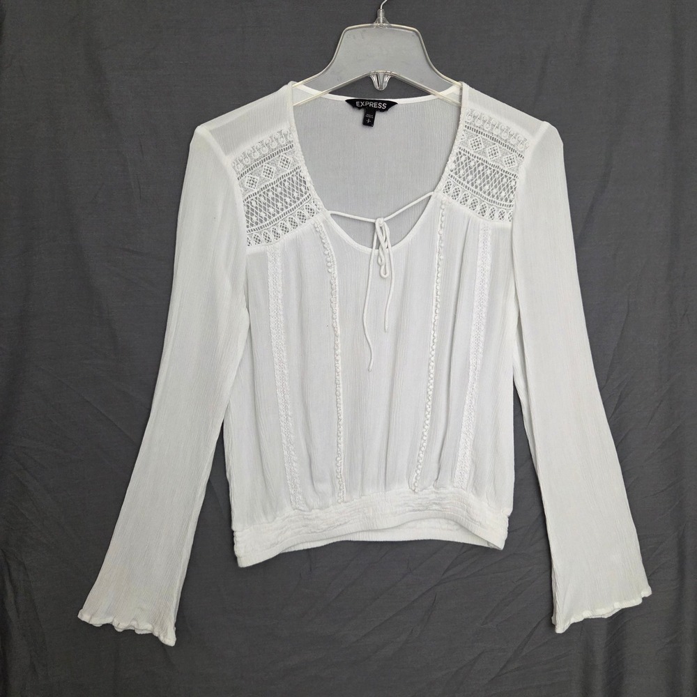 Express White Lace Inset Long Sleeve Tie Neck Smocked Hem Blouse Womens Small